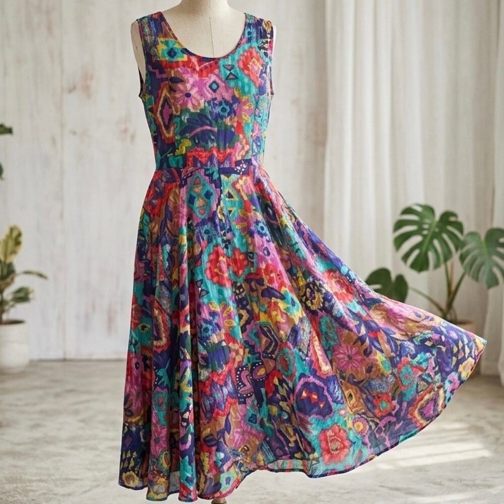 Vtg 80s 90s Phool Abstract Floral Boho A-Line Cotton Dress- size L